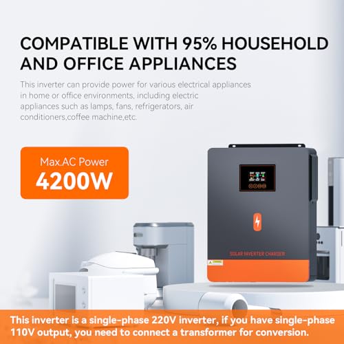 PowMr 4200W Solar Inverter 24VDC to 220V/230VAC, Pure Sine Wave All in One Hybrid Inverter with Built-in 120A MPPT Controller, for Home RV Off-Grid System, for 24V Lead Acid and Lithium Battery