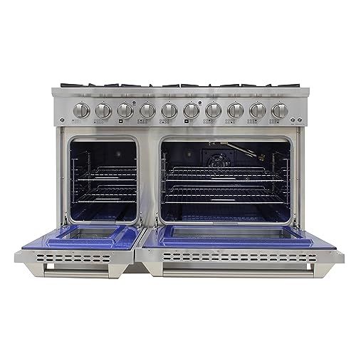 DUURA Elite Gas Range Cooktop, 48-Inch with Double Porcelain Convection Oven and Broil Function, 8 Sealed Burners Continuous Grates with Stainless Steel Construction, 6.7-Cu.Ft, Metallic