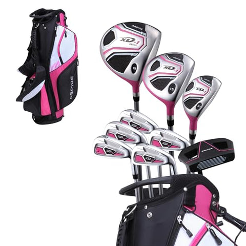 Aspire XD1 Womens Golf Clubs Full Set, Includes Driver, Fairway, Hybrid, 6-PW Irons, Putter, Stand Bag, 3 H/C's, Ultra-Light Graphite Shafts, Golf Clubs Women Right Handed, Comes in 3 Sizes, Pink