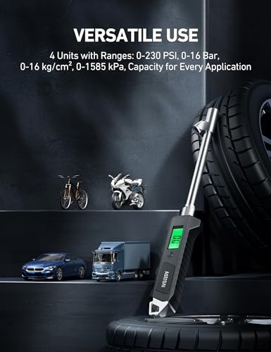 AstroAI Heavy Duty Digital Tire Pressure Gauge 0-230 PSI Calibrated to ANSI B40.7 Grade 2A (0.5%) with Backlit LCD & Flashlight, Stainless Steel for Truck RV Car Motorcycle Bike