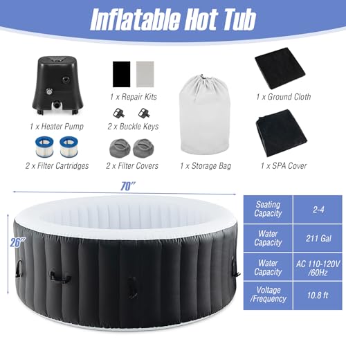 Goplus Inflatable Hot Tub, 2-4 Person Blowup Pool Hottub w/110 Air Jets, Heater Pump, Filter Cartridges, Insulated Cover, Ground Cloth, Portable Outdoor Water SPA (70’’ Round, 2-4 Person)