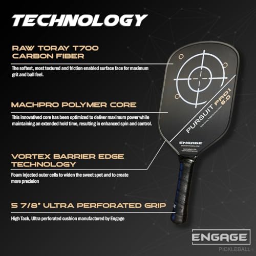 Engage Pursuit Pro1 6.0 Pickleball Paddle - Raw T700 Carbon Fiber for Extreme Spin - MachPro Core for Maximum Power & Control (New, Light Weight (7.6-7.9 Ounce))