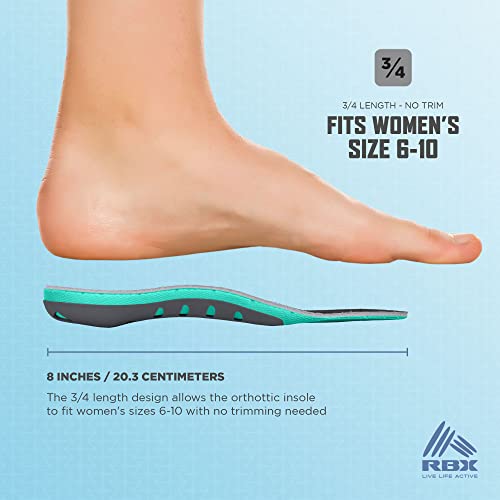 RBX Plantar Fasciitis Ortho Insoles, 3/4 Size for Women (Mint)