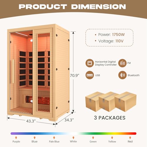 BNEHS Full Spectrum Infrared Sauna, 2 Person Wooden Sauna for Home, Indoor Dry Saunas with 5 Carbon Panels and 1 Carbon Tube, Oxygen Bar and 7 Color Light Strips, Canadian Hemlock,110V