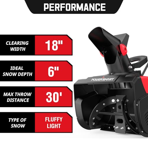 PowerSmart 18-Inch Corded Electric Snow Blower, 15 Amp Motor, 30 ft Throwing Distance Plows 800lbs/min, Adjustable Chute (DB7517)