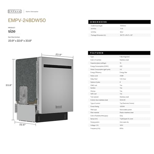 Empava 24” Built-in Dishwasher with Stainless Steel Tub, 15 Place Settings, 8 Wash Cycles, 3rd Racks, Auto Door Dry, 49 dB Quiet, ENERGY STAR Certified