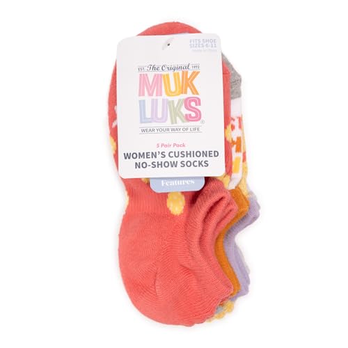 MUK LUKS Women's Set of 5 Pickleball No Show Socks, Multi, OS