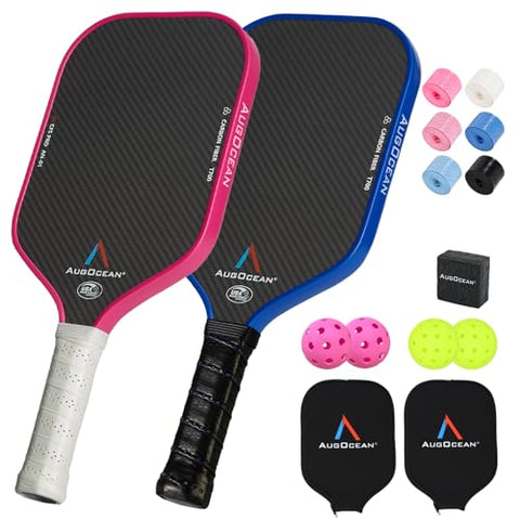 Pickleball Paddles Set of 2,Carbon Pickleball Paddle Set Pro,3K Raw Carbon Fiber Surface with High Grit and Spin,T700SC Carbon Fiber Pickle Ball Rackets 16 MM,USAPA Approved (Pink-Blue 2PCS),2 Covers