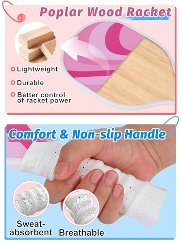 Cute Pickleball Set of 2 Paddles - Pink & Blue Lightweight Pickleball Rackets with 2 Indoor and 2 Outdoor Balls, 1 Portable Bag, for Beginner Youth Women Couple Gift