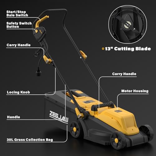 ZEGJAW Electric Lawn Mower Corded, 13 Inch 11-Amp Lawn Mowers with 8 Gallon Collection Bag, 3-Position Cutting Height Adjustment for Lawn Care