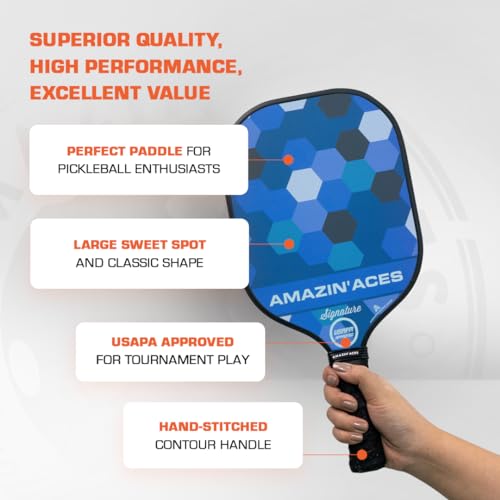Amazin' Aces Signature Pickleball Paddle Blue - 1 USAPA-Approved Pickleball Racket with Graphite Face & Polymer Honeycomb Core, 1 Paddle Cover & 1 Pickleball Bag - Pickleball Set