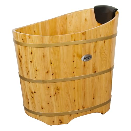 JRYTIN 34 Inches Small Handcrafted Free Standing Wooden Bathtub, Portable Deep Soaking Tub for Relaxation, Natural Cedar Wood, Ideal for Home Spas and Bathroom Renovations, Perfect Hot Tub Option