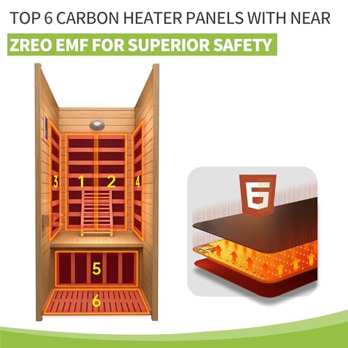 Real Relax 1 Person Infrared Sauna, Indoor Near Zero EMF Canadian Hemlock Wood Sauna with 1400W, 9 Chromo Therapy Lights, Oxygen Lonizer, Bluetooth, LCD Control Pannel for Home Spa Days