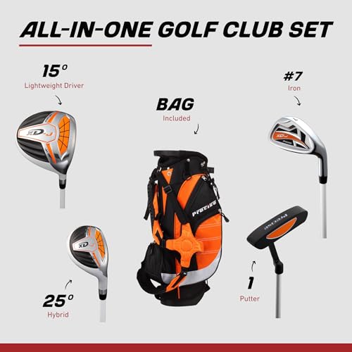 Precise XD-J Kids Golf Clubs Set – Boys’ & Girls’ Junior Golf Set with Lightweight Graphite Shafts, Hybrid, Putter & Stand Bag - Orange Ages 3-5 – Right-Handed