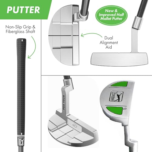 PGA Tour G1 Series Kids Green Golf Club Set with 3 Clubs, Golf Bag & 5 Total Pieces | Golf Clubs and Sets for Heights 3'6" - 4'1" | Complete Youth Golf Club Set
