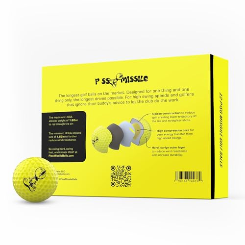 P*ss M*ssile Distance Golf Balls, Dozen - 4-Layer Design, High-Compression Core, and Surlyn Cover - Lower Spin & Ideal Trajectory for Longer, Straighter Shots (Yellow)