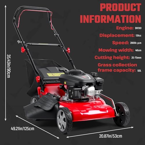 3 in 1 Gas Lawn Mower Self Propelled Self Propelled Gas Lawn Mower, 131cc Engine with Air Cooling, 50L Grass Tank, Foldable Design Red, Big Wheels & Easy Start