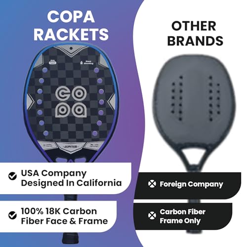 Beach Tennis Racket 18k Carbon Fiber with Padded Bag Copa Jupiter EVA Memory Foam Core, Sand Grit Finish Beach Tennis Paddle ITF Regulation Balls Included.