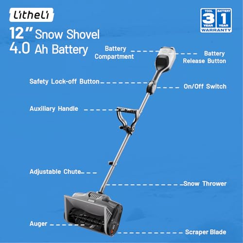 Litheli Cordless Snow Shovel, 40V 12'' Brushless Electric Snow Blower for Driveway, Battery Powered Snow Thrower, 4.0Ah Battery Included