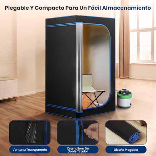 SereneLife Portable Sauna Box for Home, Steam Sauna Tent with Extra Large 4L Steamer - Includes Folding Sauna Chair, Remote Control w/ 9 Heat Levels for in-Home Spa - 2.9' x 2.9' x 5.9'