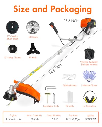 NEO-TEC 31cc 4-Cycle Gas Weed Wacker 4 in 1 String Trimmer/Edger 17'' with 10'' Brush Cutter x3 Rubber U-Handle & Shoulder Strap, Light Stable and Powerful Gas Weed Eater for Grass Cutting