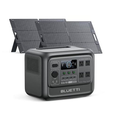 BLUETTI Solar Generator Elite 100 V2 with 2×100W Solar Panels Included, 1024Wh Portable Power Station w/ 2 1800W AC Outlets, 35% Smaller, Ideal for Camping, Emergencies, Backup Power
