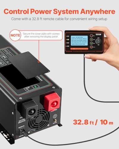 VEVOR Pure Sine Wave Inverter Charger, 2000 Watt, DC 12V to AC 120V, Battery Charger with LCD Display, Remote Control, Solar Inverter for Off-Grid Solar RV Boat Home, Compatible with Various Batteries