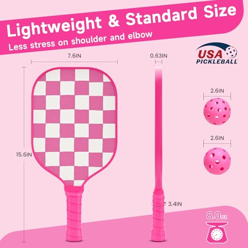 Pink Pickleball Paddles Set of 2, USAPA Approved Fiberglass Pickle Ball Set with 2 Cute Lightweight Pickleball Rackets, 2 Indoor &2 Outdoor Balls, 1 Pickleball Bag for Women, Beginner, Youth