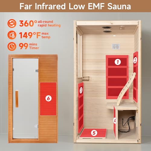 Real Relax Infrared Sauna 1 Person, Indoor Infrared Saunas for Home, Canadian Hemlock Wooden Dry Sauna, 950W 120V with Foot Warmer and 6 Heaters Panels, Compact Spa Room, 27.3"x33"x59"