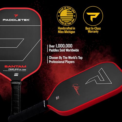 Paddletek Bantam TKO-CX 12.7mm Pickleball Paddles with Polymer Honeycomb Core - Unidirectional Carbon Fiber – Torsional Weighting & High Tack Performance Grip - USAPA Approved - 5.75 Inch Handle