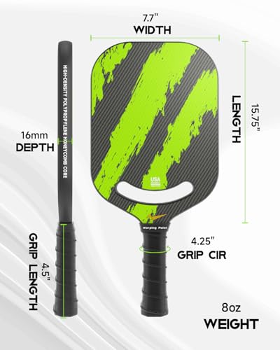 Warping Point Ascent Pickleball Paddles | Carbon Fiber Pickleball Racket with Aero Throat | Textured Grit Surface | 16mm Hexa Polymer Core | USAPA Approved | Designed for Control & Spin | Green