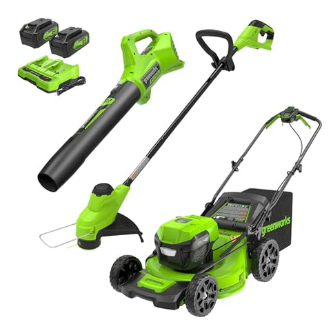 Greenworks 48V (24V x 2) 21" Brushless Self-Propelled Mower+12" String Trimmer+320CFM Blower,(2) 5.0Ah Batteries and 4A Dual Port Charger