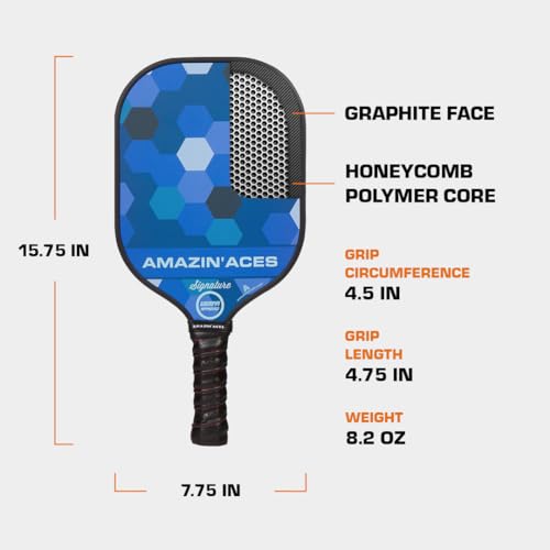 Amazin' Aces Signature Pickleball Paddle Blue - 1 USAPA-Approved Pickleball Racket with Graphite Face & Polymer Honeycomb Core, 1 Paddle Cover & 1 Pickleball Bag - Pickleball Set