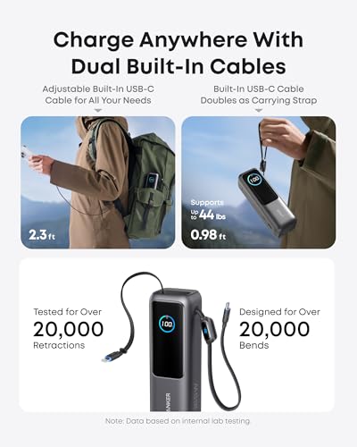 Anker Power Bank 25K 165W with Built-in USB-C and Retractable Cable Power Station 60,000mAh 87W with Smart Display, Lighting, SOS Mode, and Home Backup for Travel and Camping