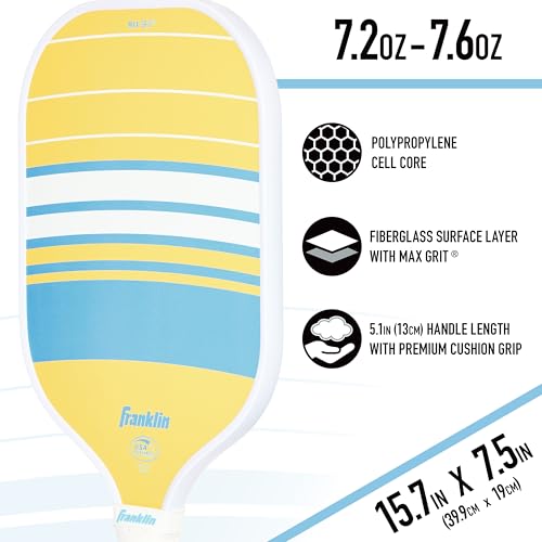 Franklin Sports Pickleball Paddle - Max Grit Fiberglass Surface - Polypropylene Core Pickleball Paddle - USA Pickleball (USAP) Approved - Yellow/Blue