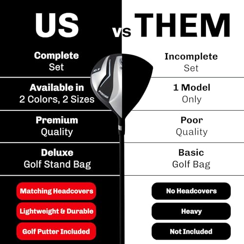 Precise S7 Complete Golf Club Set for Men - Right Handed Tall Mens Golf Clubs Full Set w/Driver, Woods, Hybrid, Irons, Putter, Wedge, Stand Bag & Headcovers - Beginner Friendly Package - Black/Red