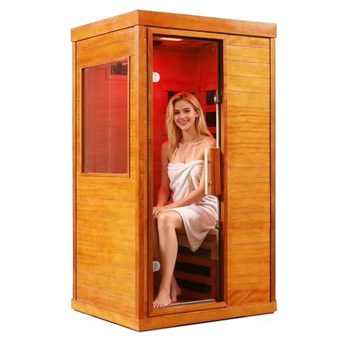 NDCHS Home Infrared Dry Sauna, Mini Indoor Wooden Sauna with Red Light Therapy, Tempered Glass, 6pcs of Low EMF Carbon Heaters, Portable Sauna Box, Single Person Room: 35.4 * 27.5 * 63.3inch