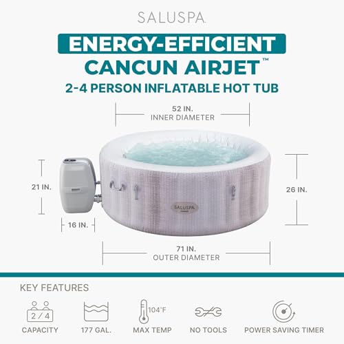 Bestway SaluSpa Cancun 2 to 4 Person Inflatable Hot Tub, Round Energy-Efficient Portable Outdoor Spa with 120 AirJets, 71" x 26"