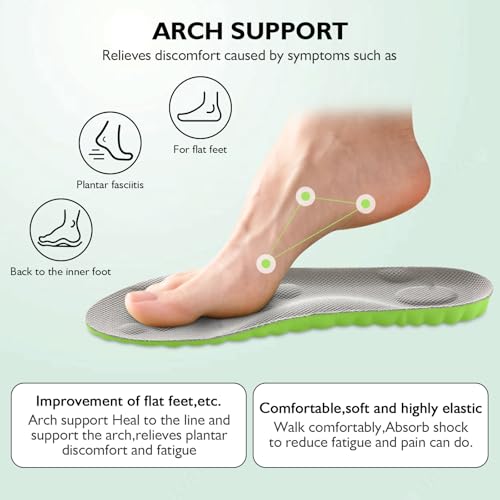 Pickleball Insoles, 4D Memory Foam Arch Support Inserts, Shock Absorbing, Anti-Slip Massage Support, Breathable Comfort for Walking & Sports(Green, Men 6-7/Women 8-9)
