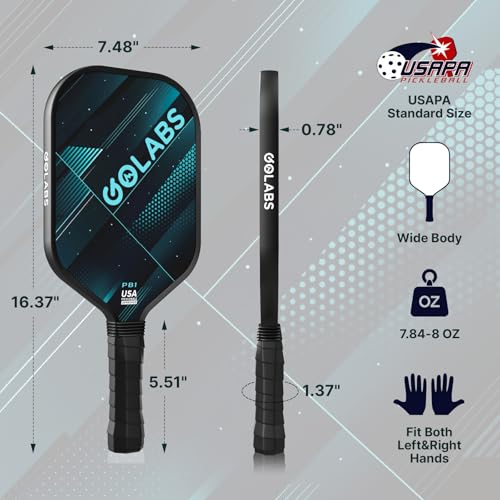 Golabs PB1 Pickleball Paddles Set of 2, Durable Fiberglass Surface& 16mm STR-Core Power Polymer Core, USAPA Approved, 8oz Lightweight & Comfort Anti-Slip Elongated Grip for Increased Power and Spin