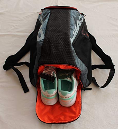 HEAD Tour Team Tennis Backpack 2 Racquet Carrying Bag w/Padded Shoulder Straps & Shoe Compartment - Black/Grey.