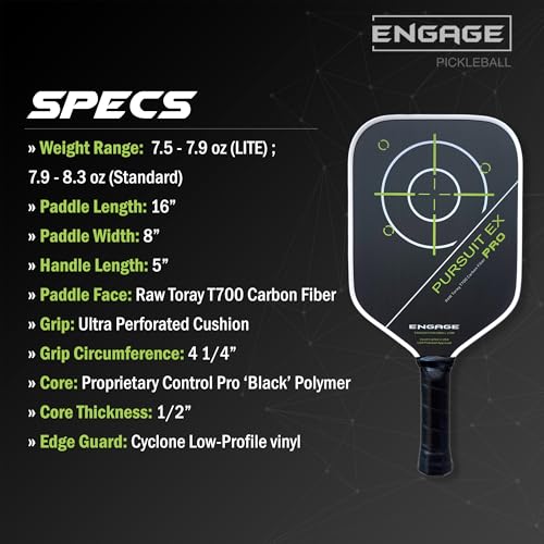 Engage Pursuit Pro EX Pickleball Paddle – Widebody Shape, Raw T700 Toray Carbon Fiber Face, 13mm Control Pro “Black” Core (Alpine Lime, Lite (7.5-7.8oz))