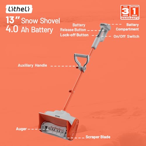 Litheli Cordless Snow Shovel 20V, 13-Inch Lightweight Electric Power Shovel for Snow Removal, Includes 4.0 Ah Battery, Easy to Use Snow Blower for Driveways, Sidewalks, Decks & Patios