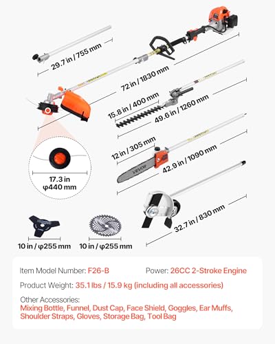 VEVOR 26cc Gas-Powered 7-in-1 Multi-Functional Trimmer - Gas Hedge Trimmer, Brush Cutter (3T/40T), Weed Eater/String, Edger, Pole Saw & 12" Chainsaw Pruner with Extension Pole, EPA, CE & EMC Certified