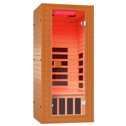 springspa Infrared Sauna for Home, 1 Person Home Sauna with Red Light Therapy, Canadian Hemlock Wooden Dry Saunas Room with Bluetooth Speakers, 1178 W/120V, 15 Minutes Pre-Warm up