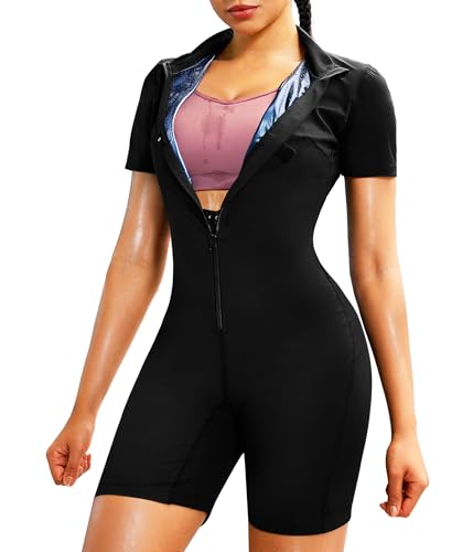Junlan Sauna Suit for Women Full Body Jumpsuit Waist Trainers for Women Belly Fat Workout Sweat Suit(Black,Large)