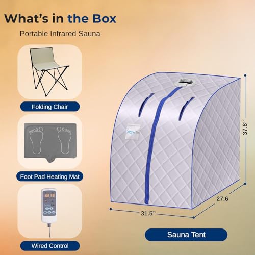 SereneLife Portable Sauna Box for Home, Infrared Sauna Tent with Heated Foot Pad and Folding Chair, Remote Control In-Home Spa, 38" x 32”
