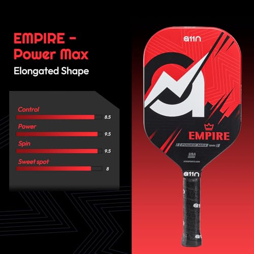 A11N Empire Edgeless Pickleball Paddle – Carbon Fiber Paddle with Longer Handle Design for Double-Handed Backhand & SuperGrit Surface Texture Technology, PowerMax – Elongated Shape, Red