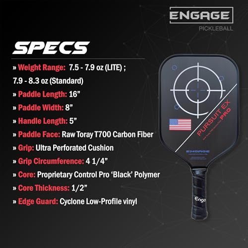 Engage Pursuit Pro EX Pickleball Paddle – Widebody Shape, Carbon Fiber Face, 13mm Control Pro “Black” Core (Red White Blue, Standard (7.9-8.3oz))