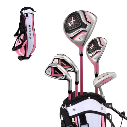 Precise X7 Junior Complete Kids Golf Clubs Set - Boys & Girls Right Handed Kids Golf Set w/ Driver, Hybrid, Irons, Putter, Stand Bag & Headcovers - Youth Golfing Clubs Sets for Ages 9-12 - Pink